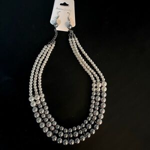 Gray and White Faux Pearl Necklace and Earring Set